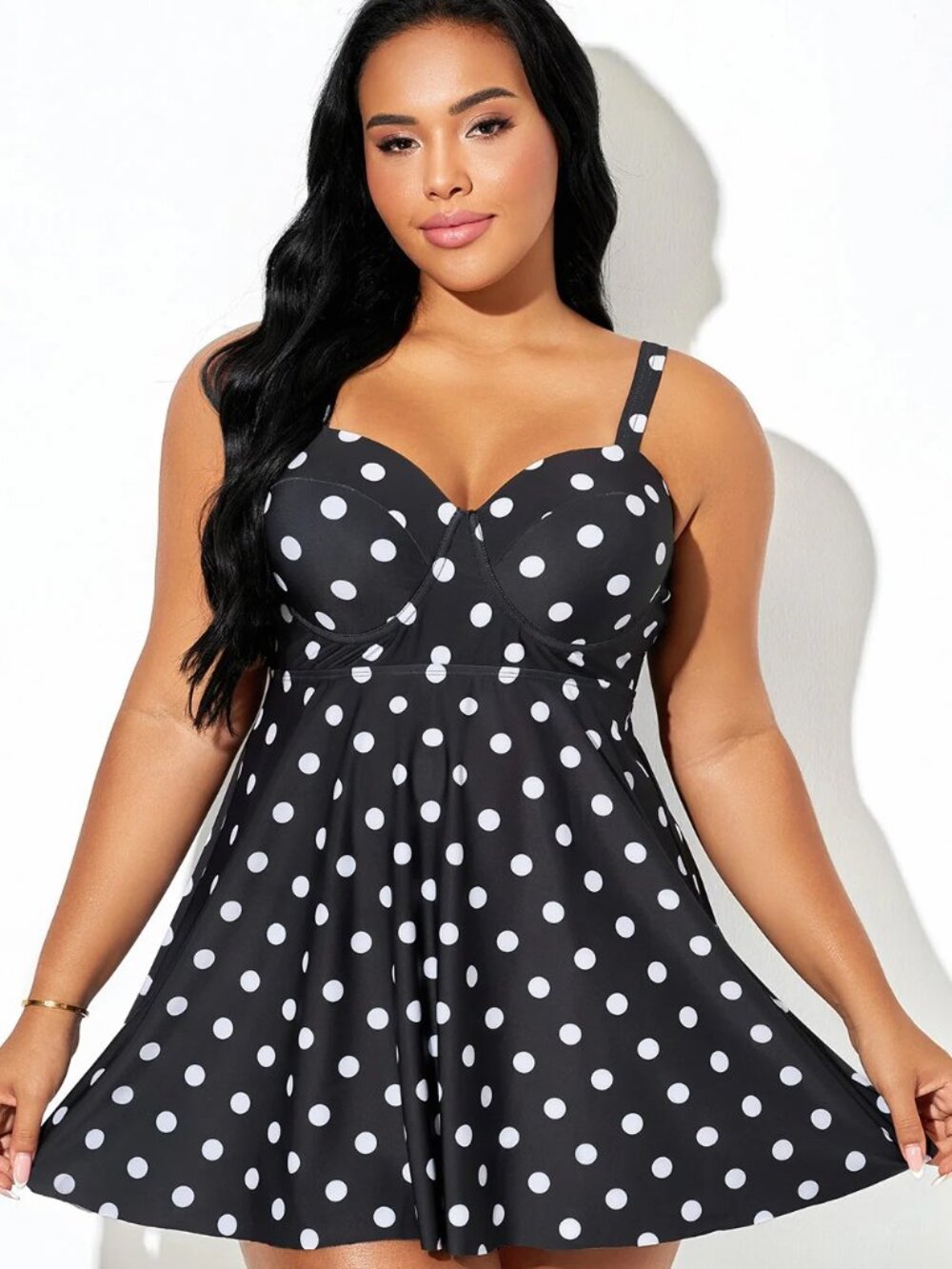 Black & White Polka Dot Print Underwire Tankini Top